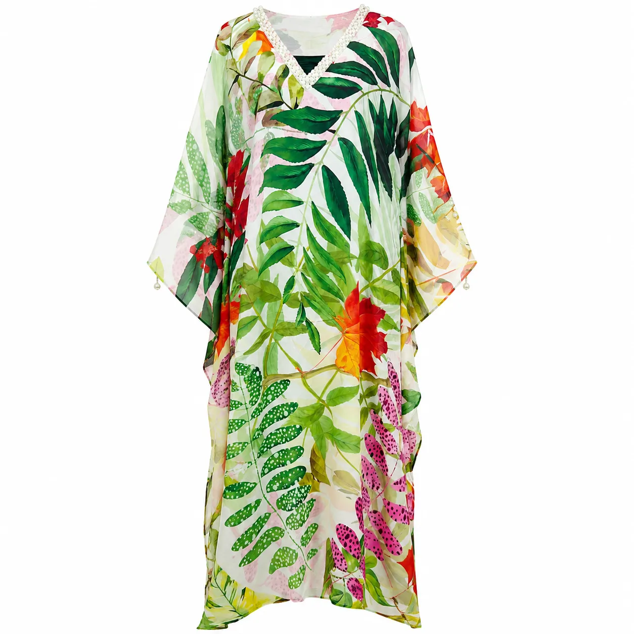 Women's Tropical Leaf Print Kaftan with V-Neck and Short Sleeves